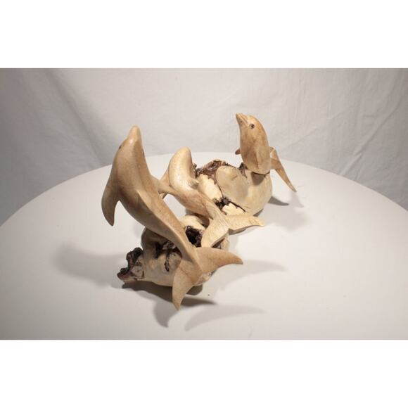 Hand Carved Dolphins Figures on Driftwood Art Beach Coastal Cabin Decor - Picture 6 of 12